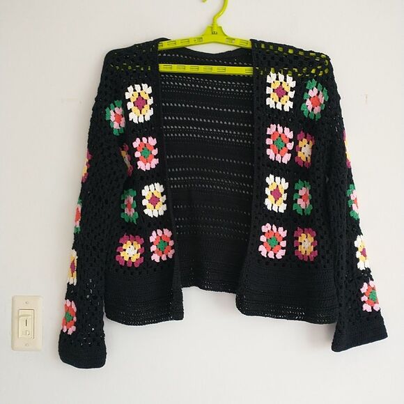 Unbranded Sweaters - Open Cardigan Womens L Black Crochet Granny Square Patchwork HandMade Sheer Boho